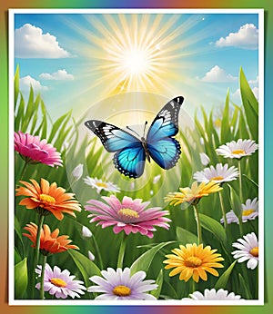 Colorful butterfly on daisy flowers with green grass and blue sky.