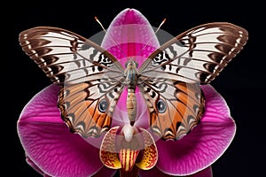 Colorful butterfly delicately perched on the stamen of a blooming orchid, its wings a colors kaleidoscope. Generative AI