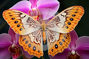Colorful butterfly delicately perched on the stamen of a blooming orchid, its wings a colors kaleidoscope. Generative AI photo