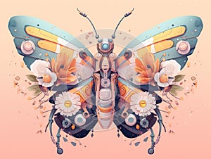 A colorful butterfly with flowers on its wings. Generative AI image.