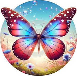 Colorful Butterfly in Flowers World Circle Vector Illustration