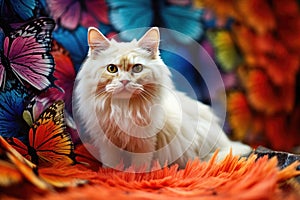 Colorato farfalla stampa sul pelliccia da bianco gatto 