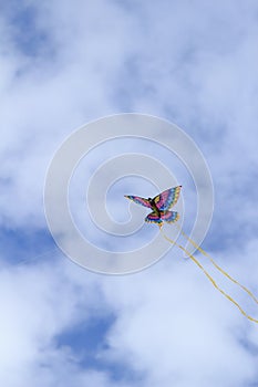 Colorful butterfly kite across a blue sky