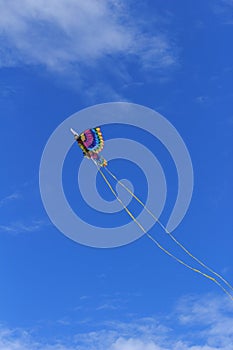 Colorful butterfly kite across a blue sky