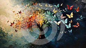 Colorful butterfly-laden tree painting depicts seasons photo