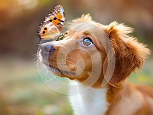 A colorful butterfly on the nose of a dog