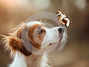 A colorful butterfly on the nose of a dog