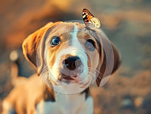 A colorful butterfly on the nose of a dog