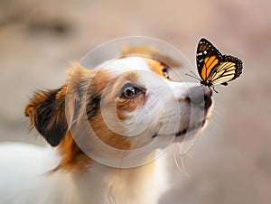A colorful butterfly on the nose of a dog