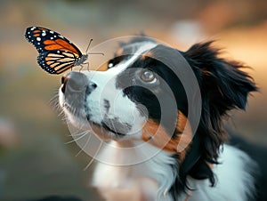 A colorful butterfly on the nose of a dog