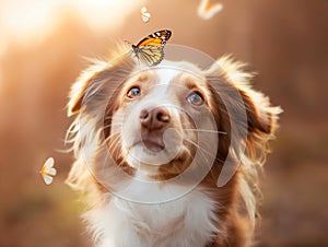 A colorful butterfly on the nose of a dog