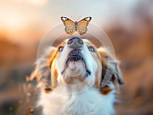 A colorful butterfly on the nose of a dog