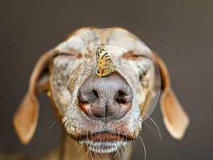A colorful butterfly on the nose of a dog