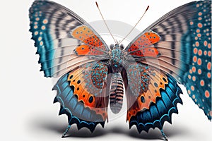 a colorful butterfly with orange and blue wings and spots on its wings, with a white background, is shown in the image a