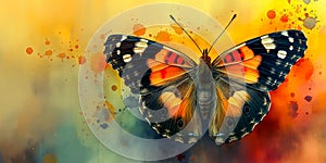 A colorful butterfly with orange wings surrounded by splatters of paint