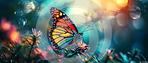 A colorful butterfly sitting on a flower, about to take off and start to fly. Close up image
