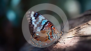 a colorful butterfly sitting on a tree branch in a forest