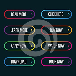 Colorful button set. Neon gradient shapes. Call to action. Vector elements.