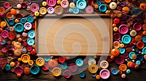 Colorful buttons on wooden background with empty frame, AI