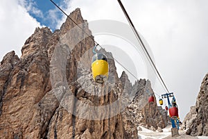 Colorful cable car in the Dolomites
