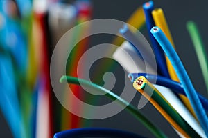 Colorful cables on blurred background, closeup with space for text. Electrician`s supply