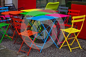 Colorful, cafe, Parisian style, outdoor chairs and tables