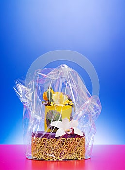 Colorful cake in cellophane wrap