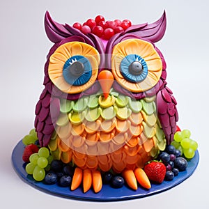 Colorful Owl Cake With Berries And Fruit - Zbrush Inspired photo