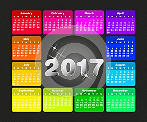 Colorful calendar for 2017. Week starts on sunday