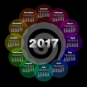 Colorful calendar for 2017. Week starts on sunday