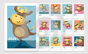 Colorful calendar for kids for 2021 Year of the Ox. 12 monthly pages.