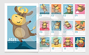 Colorful calendar for kids for 2021 Year of the Ox. 12 monthly pages. photo