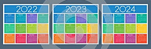 Colorful calendar for 2022, 2023 and 2024 years. Week starts on Sunday.