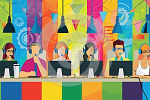 Colorful Call Center Team in Action