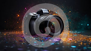 Colorful Camera Explodes on Bright Background in Ultra-Detailed Photoshoot