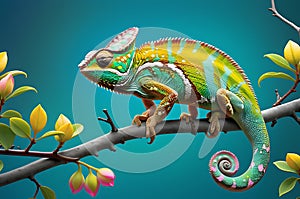 Colorful Camouflage: Chameleon Showcasing Vibrant Greens, Yellows, and Pinks on a Delicate Branch