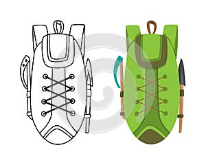 Colorful camping backpack in flat design with coloring vector illustration. Tourist retro back pack. Classic styled