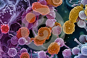 Colorful cancer cells microscopic view photo