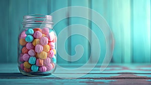 Colorful candies in glass jar on wooden background