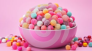 Colorful candies in pink bowl on pink background. Toned