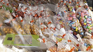 Colorful candies in plastic packaging