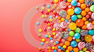 Colorful candies on a red background photo