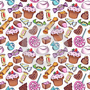 Colorful candies and sweets seamless pattern in retro doodle style, sweet background