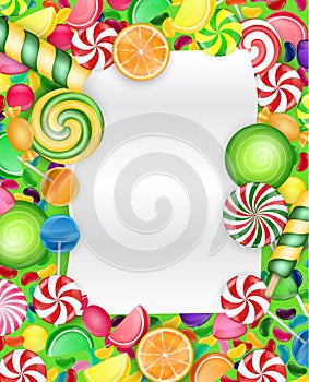 Colorful candy background with lollipop and orange slice