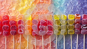 colorful candy creations, colorful rainbow gummy candies lined up on a stick, ideal for a vibrant candy kabob