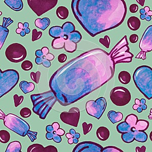 Colorful candy dessert, hearts and flowers painting - seamless pattern on green background