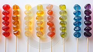 colorful candy display, colorful gummy candies displayed on a stick in rainbow order, ideal for a vibrant candy kabob