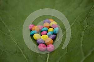 Colorful candy on a green leaf