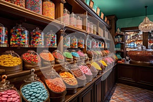 colorful candy shop with variety of sweet treats and confections on display