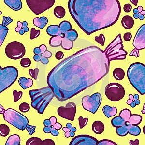 Colorful candy sweets, hearts and flowers painting - seamless pattern on yellow